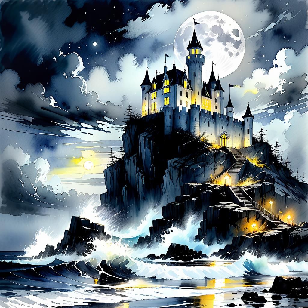 Night Island Castle Watercolor Illustration