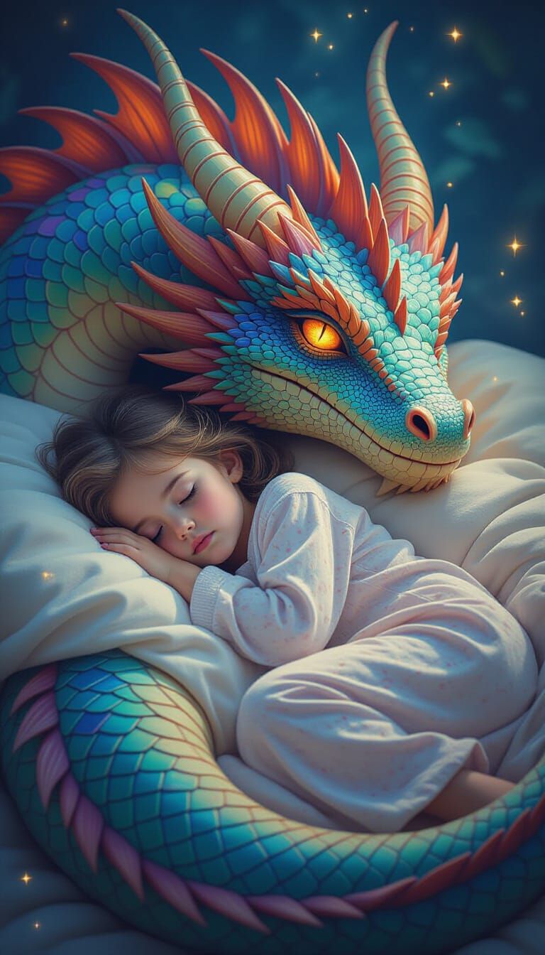 Girl Sleeps with Dragon in Cinematic Fantasy Style