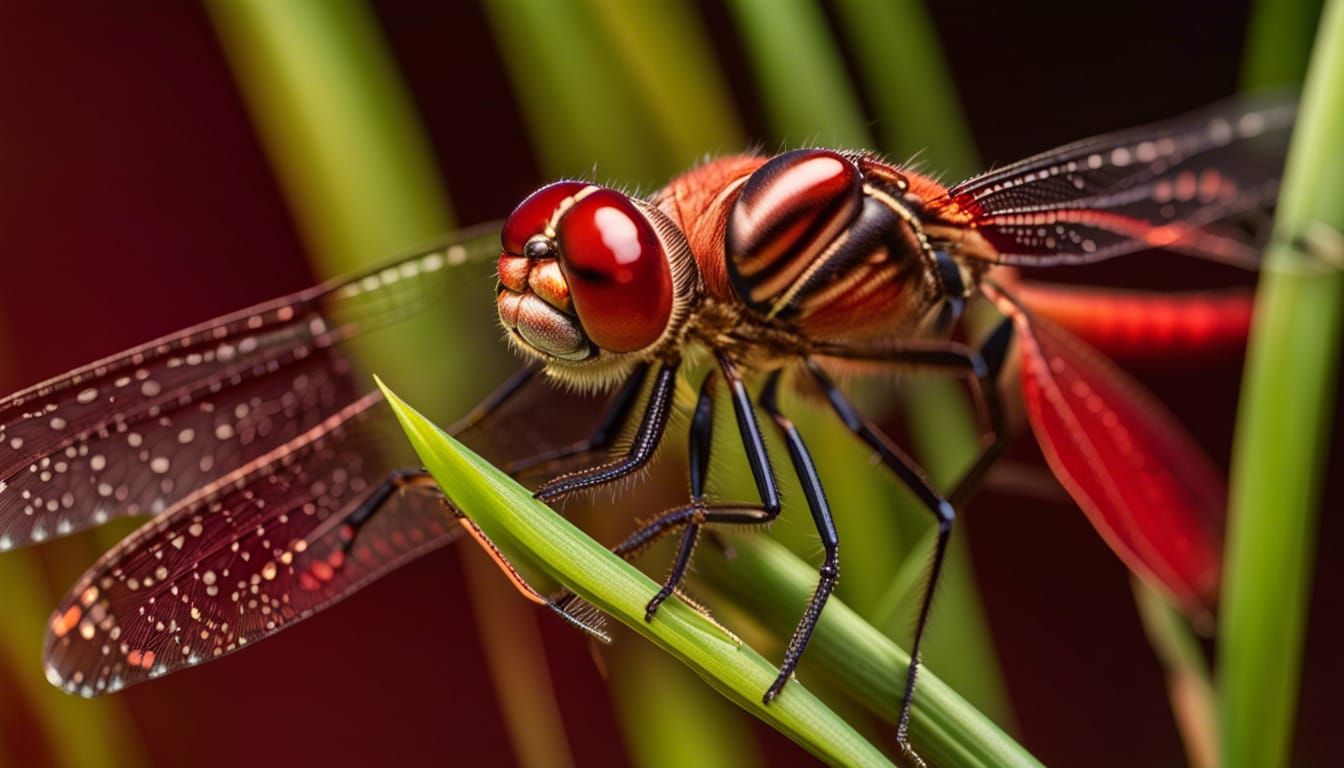 Detailed Red Dragonfly on Grass, Macro Lens