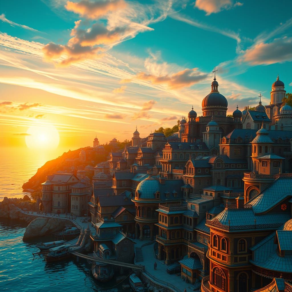 Fantastical Coastal Metropolis in Warm Sunset Hues