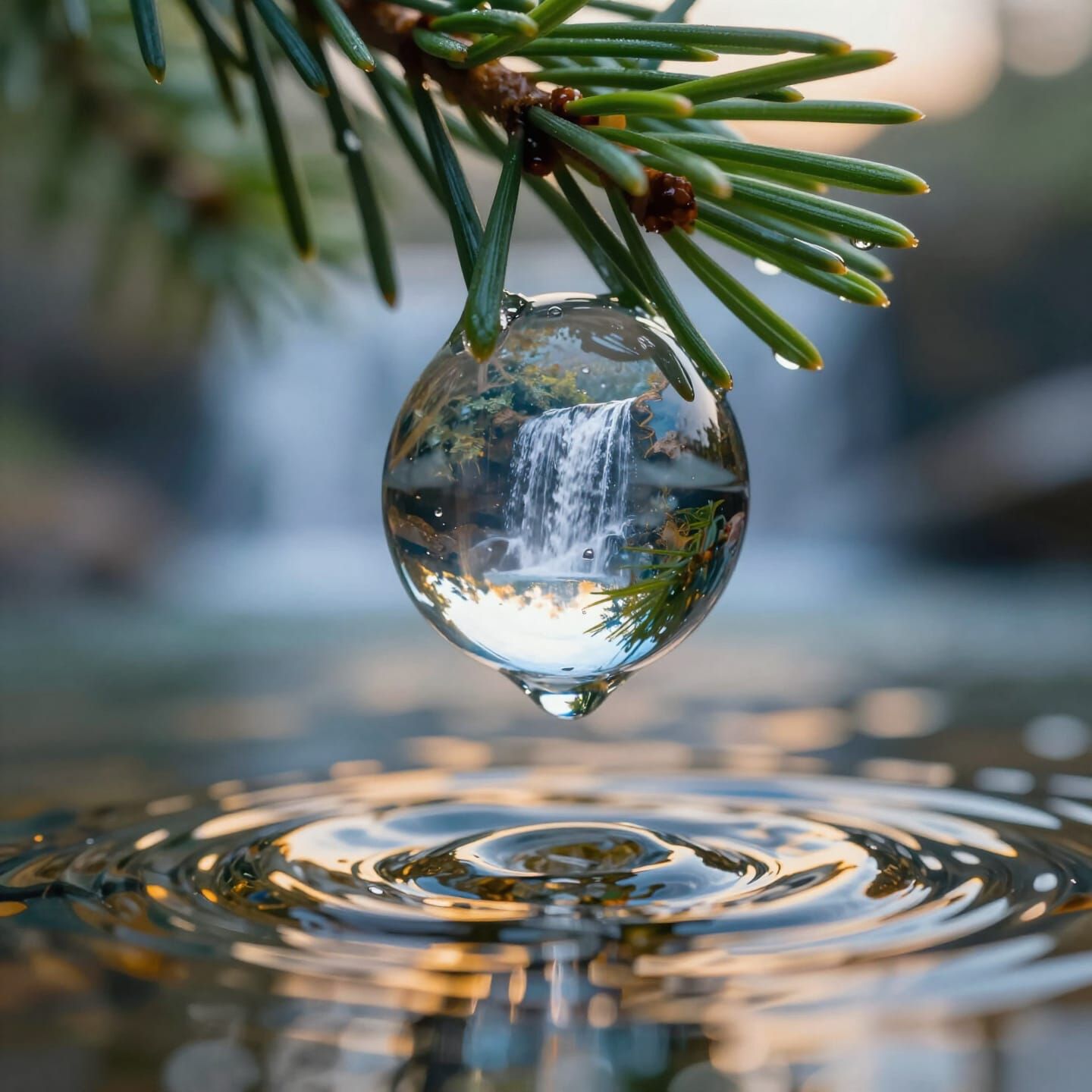 Macro Water Droplet Reflecting Waterfall on Pine Needle