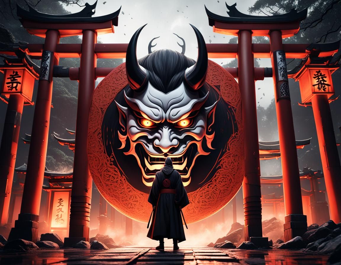 Cloaked Hannya Mask Figure Peering Through Torii Portal