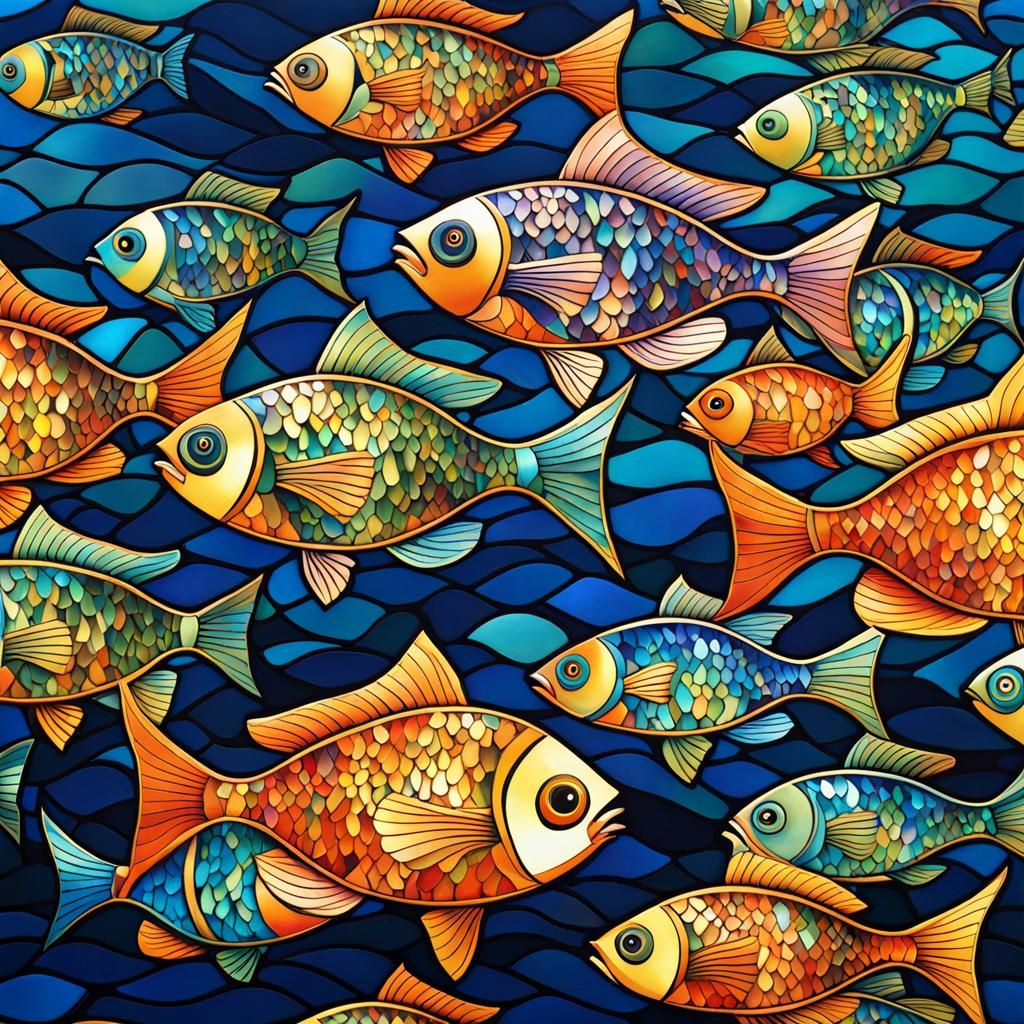 Mosaic School of Fish in Art Nouveau Style