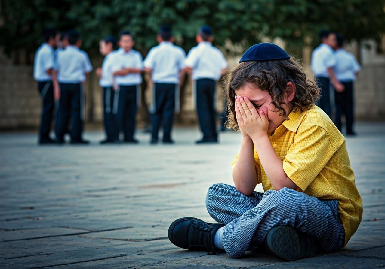Desolate Boy in Schoolyard: Evocative Photorealistic Scene