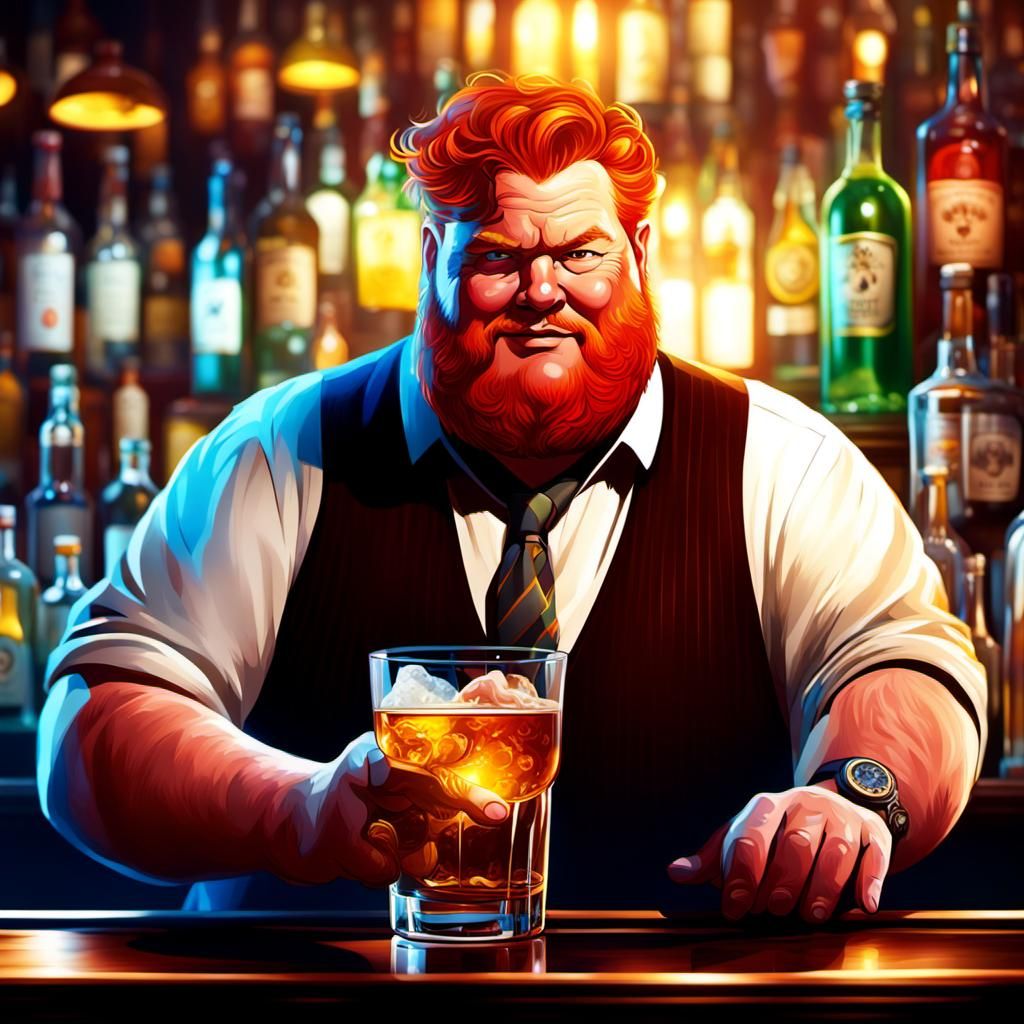 Detailed Redhead Bartender Portrait in Splash Art Style