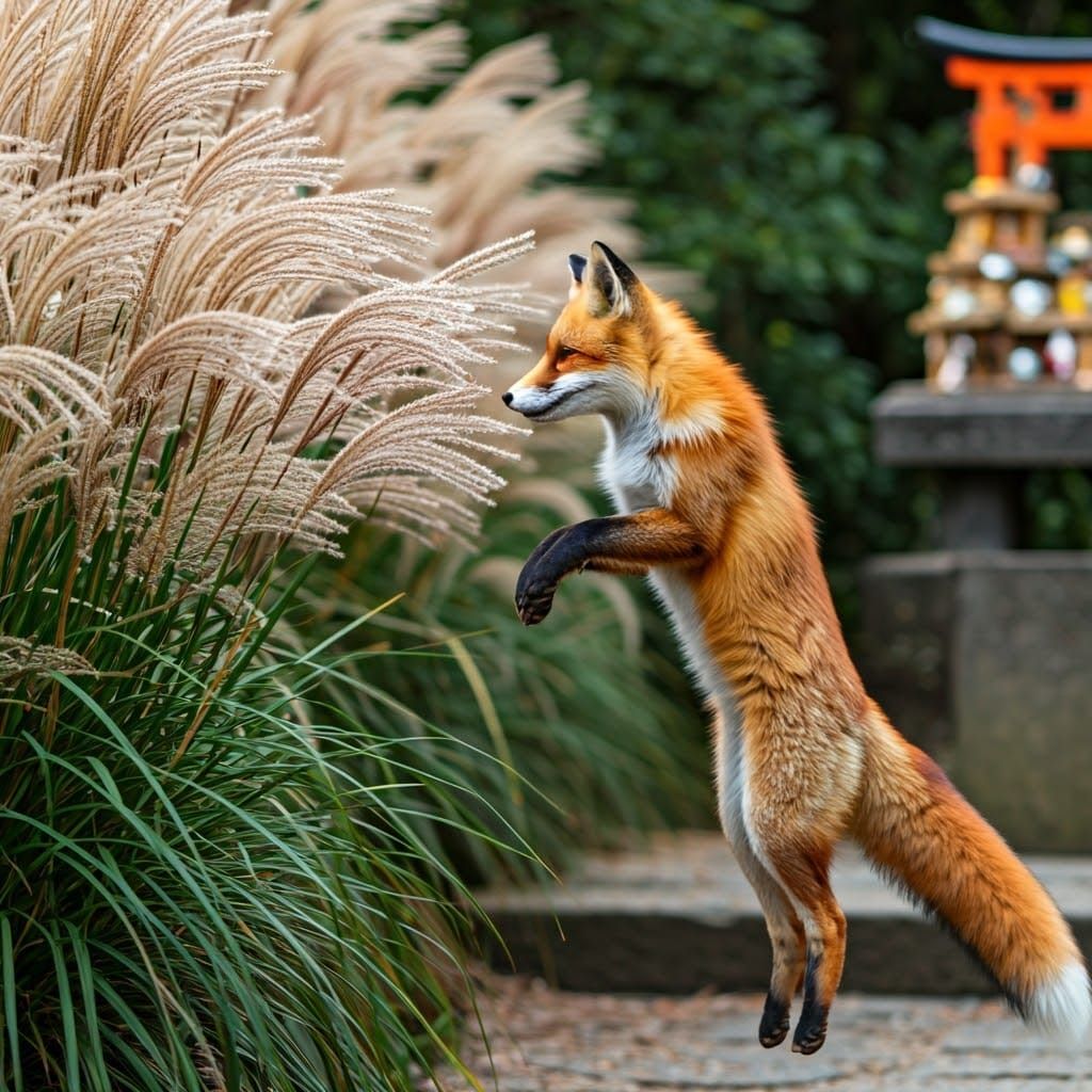 Fox Leaping Near Inari Shrine with Pampas Grass