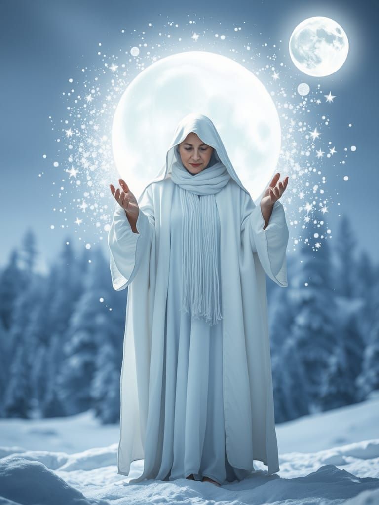 White Sorceress Conjuring Snowflakes in Moonlight