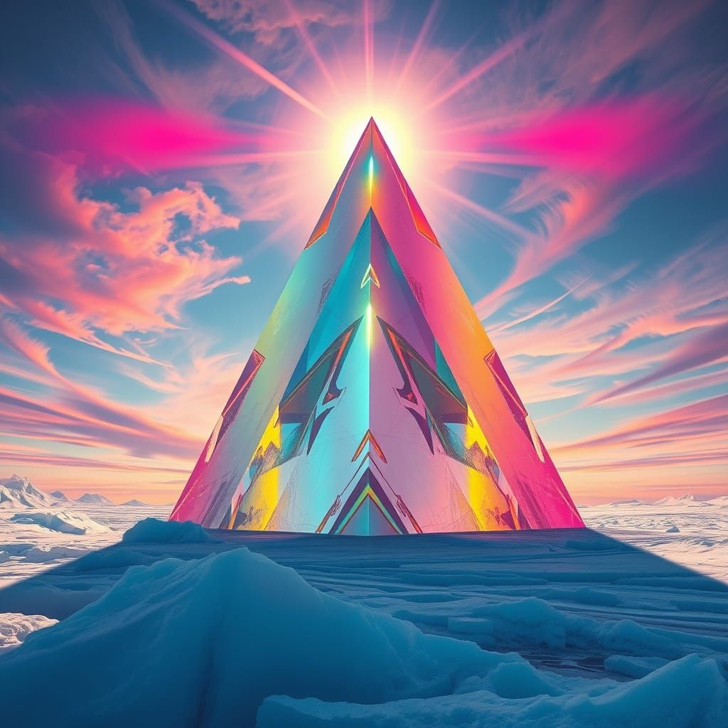 Prism Pyramid on Glacier with Psychedelic Sky
