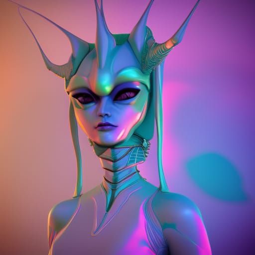Symmetrical Alien Princess in Cel-Shaded Vaporwave Style