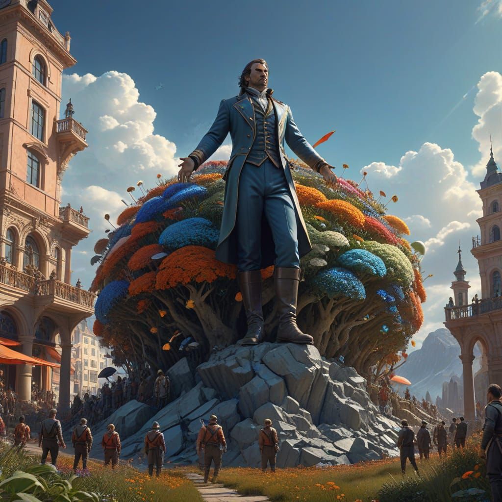 Giant Gulliver Among Tiny Lilliputians in Futuristic Fantasy...