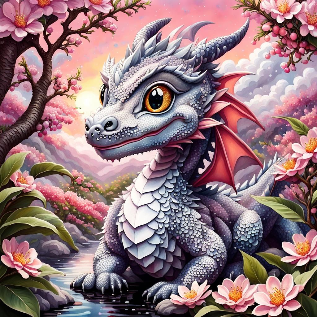 Pointillist Baby Dragon in Blossoming Peach Orchard