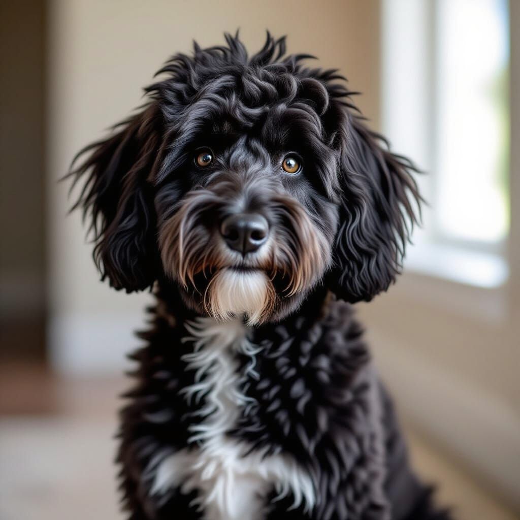 Realistic Black Golden Doodle Portrait with White Chest Spot