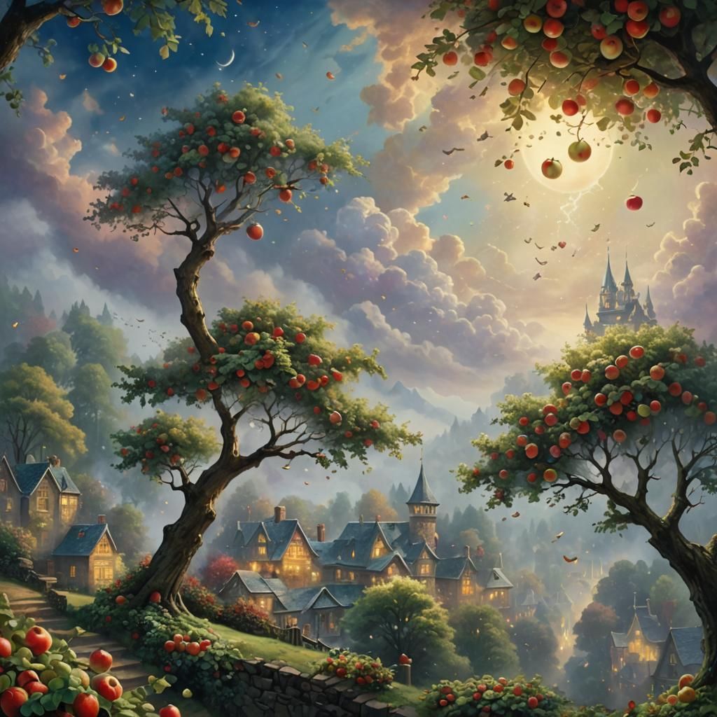 Apples Flying in Ethereal Fantasy Landscape