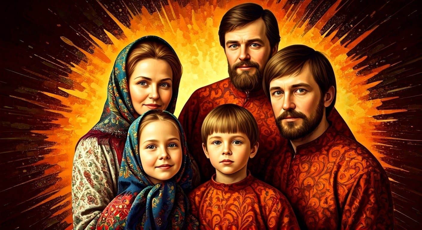 Vibrant Russian Family Portrait in Folk Art Style