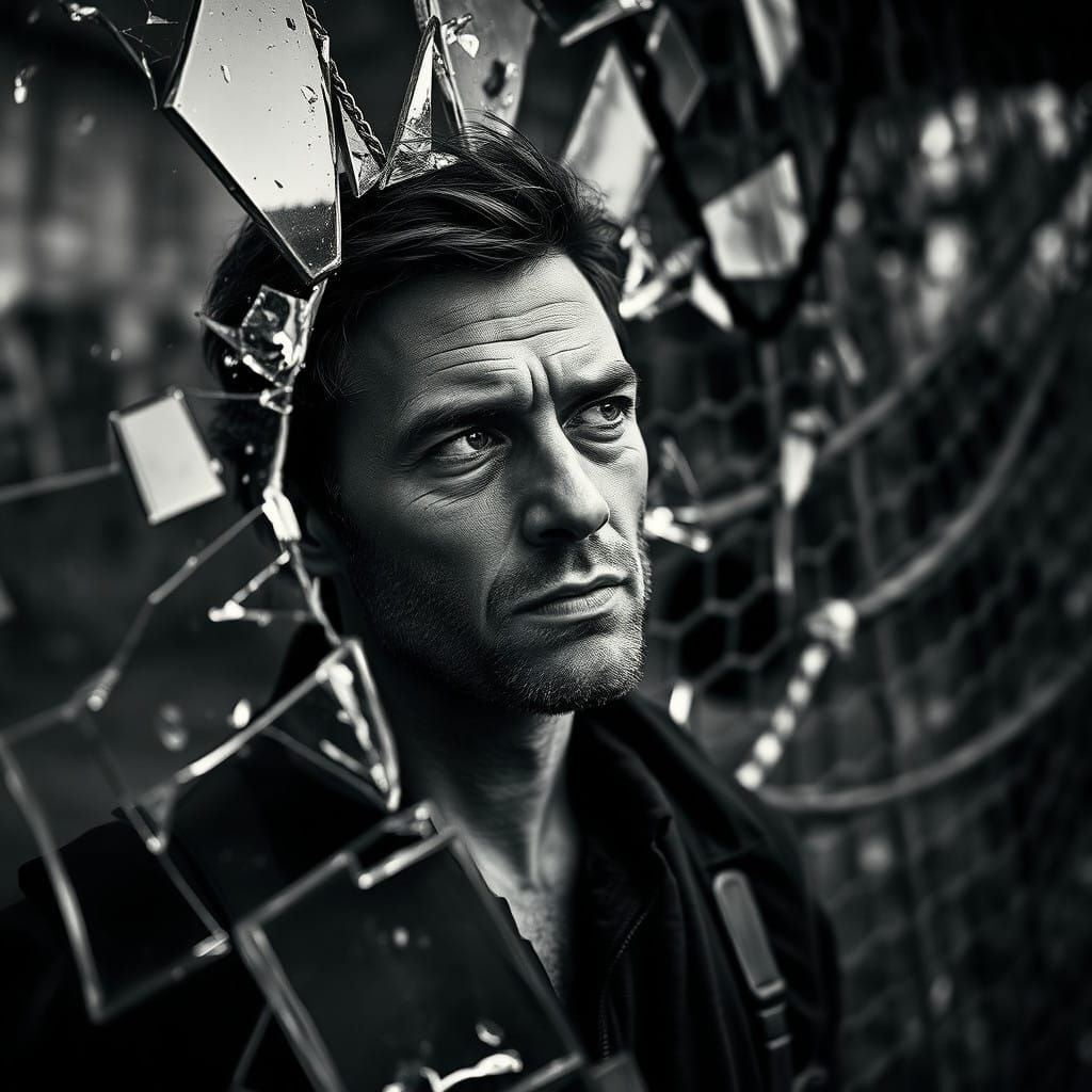 black and white photography  nets of conformity can not contain the dreams that emerge from the broken mirror of his min...