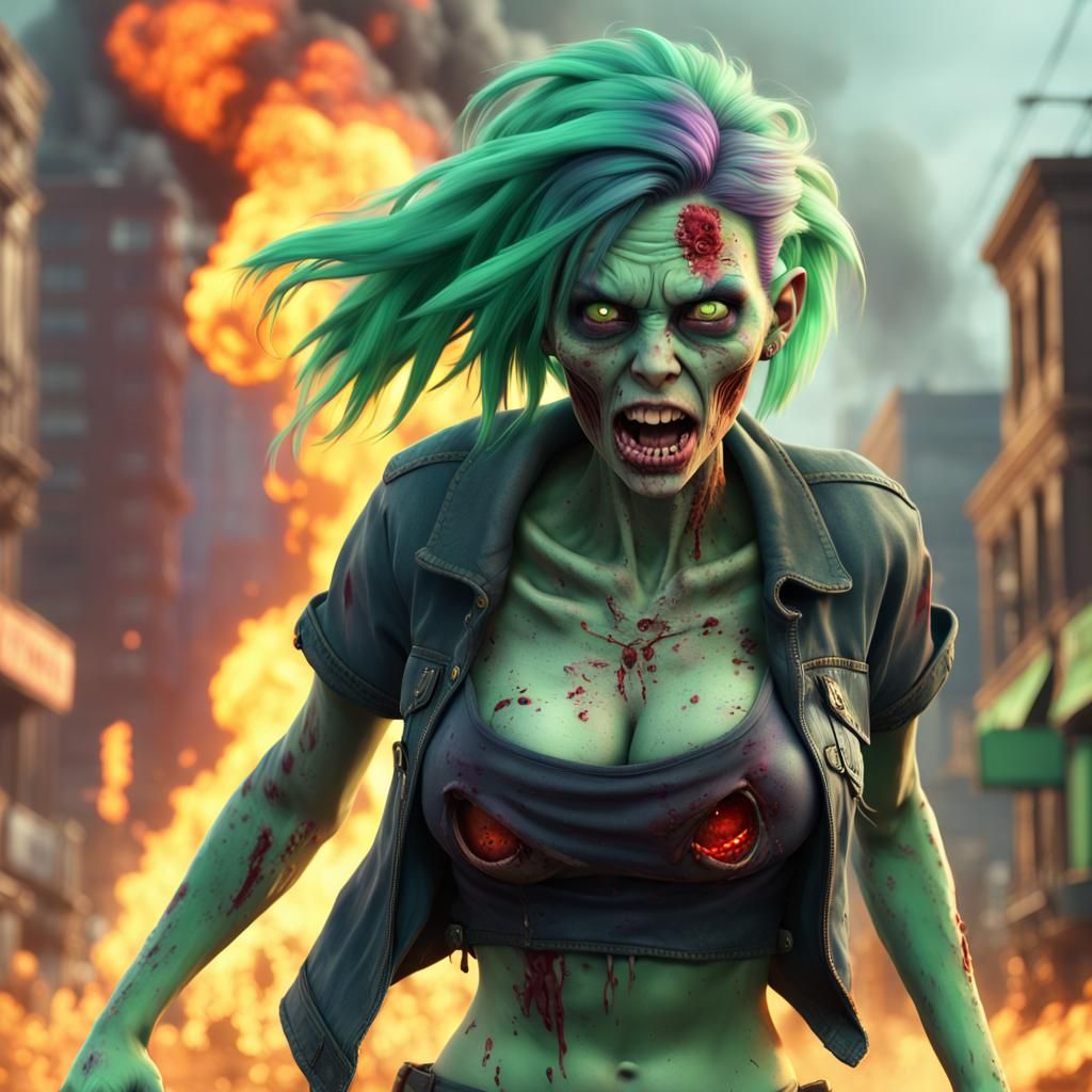 Green-Haired Zombie Girl in Burning City, 3D Art