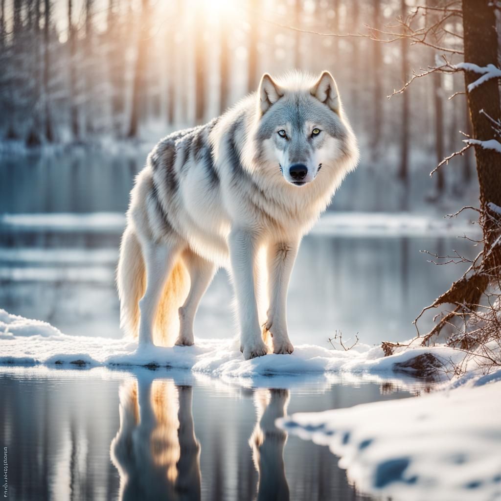 Legendary Ice Wolf Drinking in Snowy Forest
