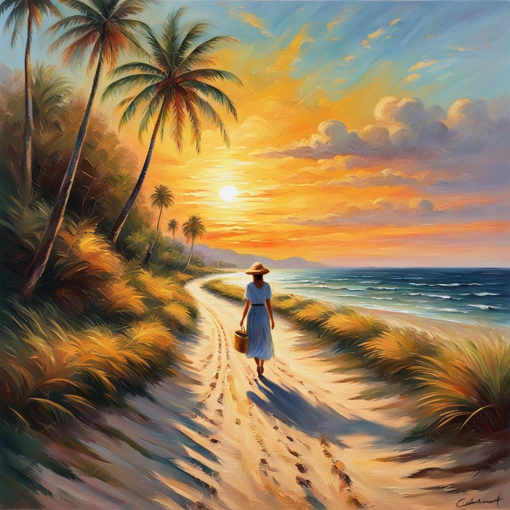 Impressionist Beach Scene at Sunset