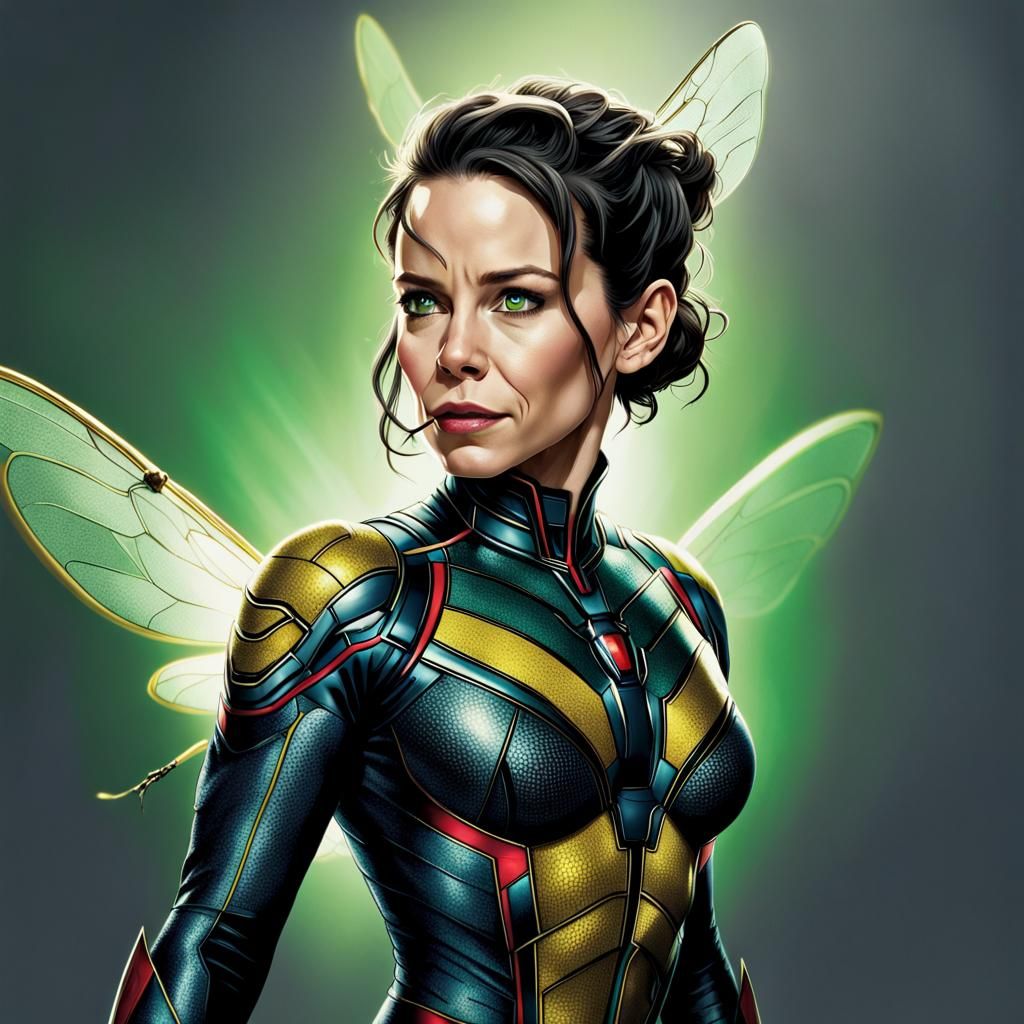 Evangeline Lilly in her Wasp suit from Antman and the Wasp, fuzzy greyish white background, 
, HDR, transcendental, 4K, ...