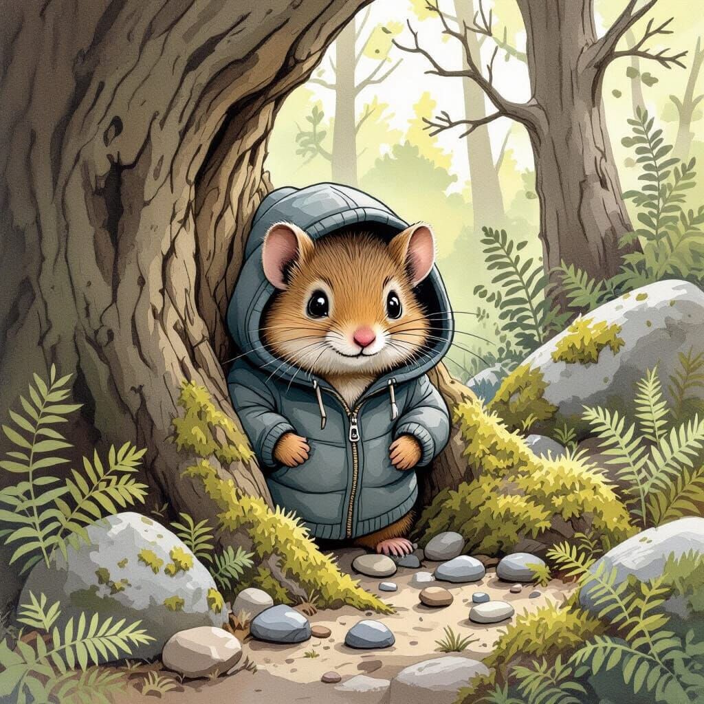 Whimsical Dormouse in Rocky Forest Illustration