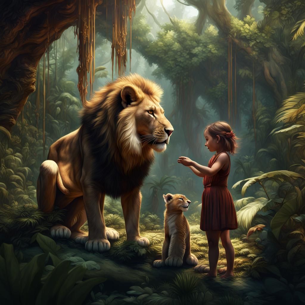 Girl and Lion Cub in Jungle Concept Art