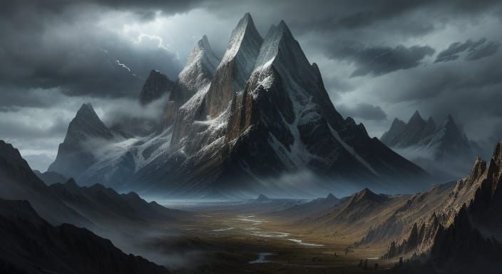 Majestic Mountain Range Under Stormy Sky