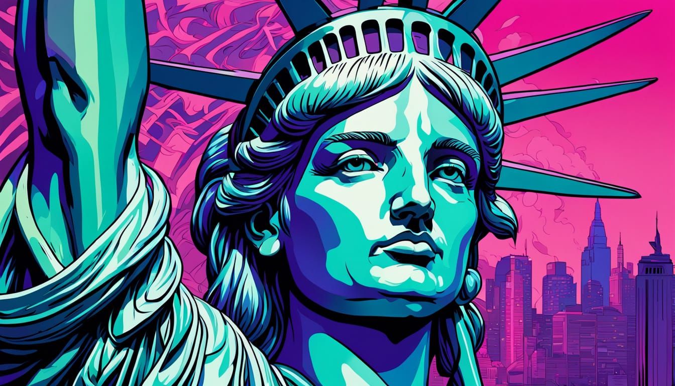 Pop Art Portrait of Lady Liberty in Neon Colors