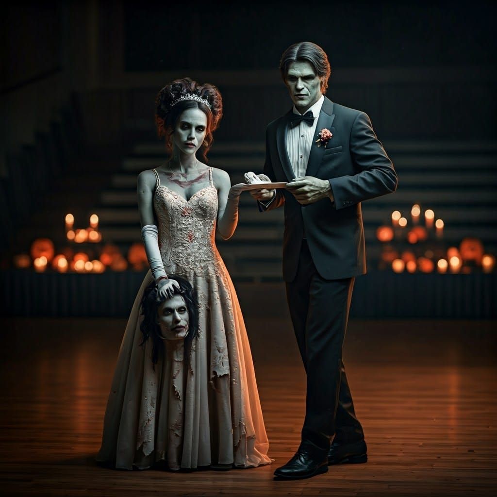 Zombie Woman Dancing with Monster in Dark Setting