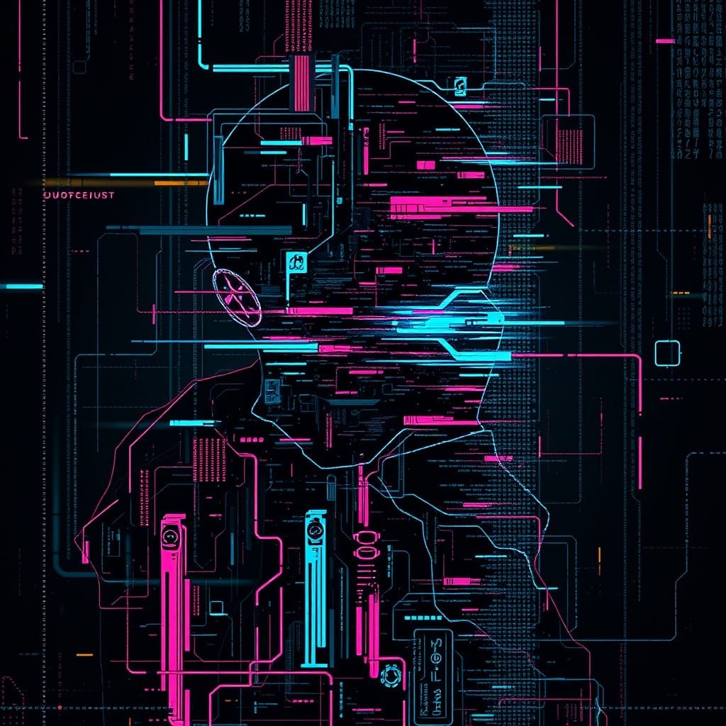 Glitch Figure in Dark Cyberpunk Style