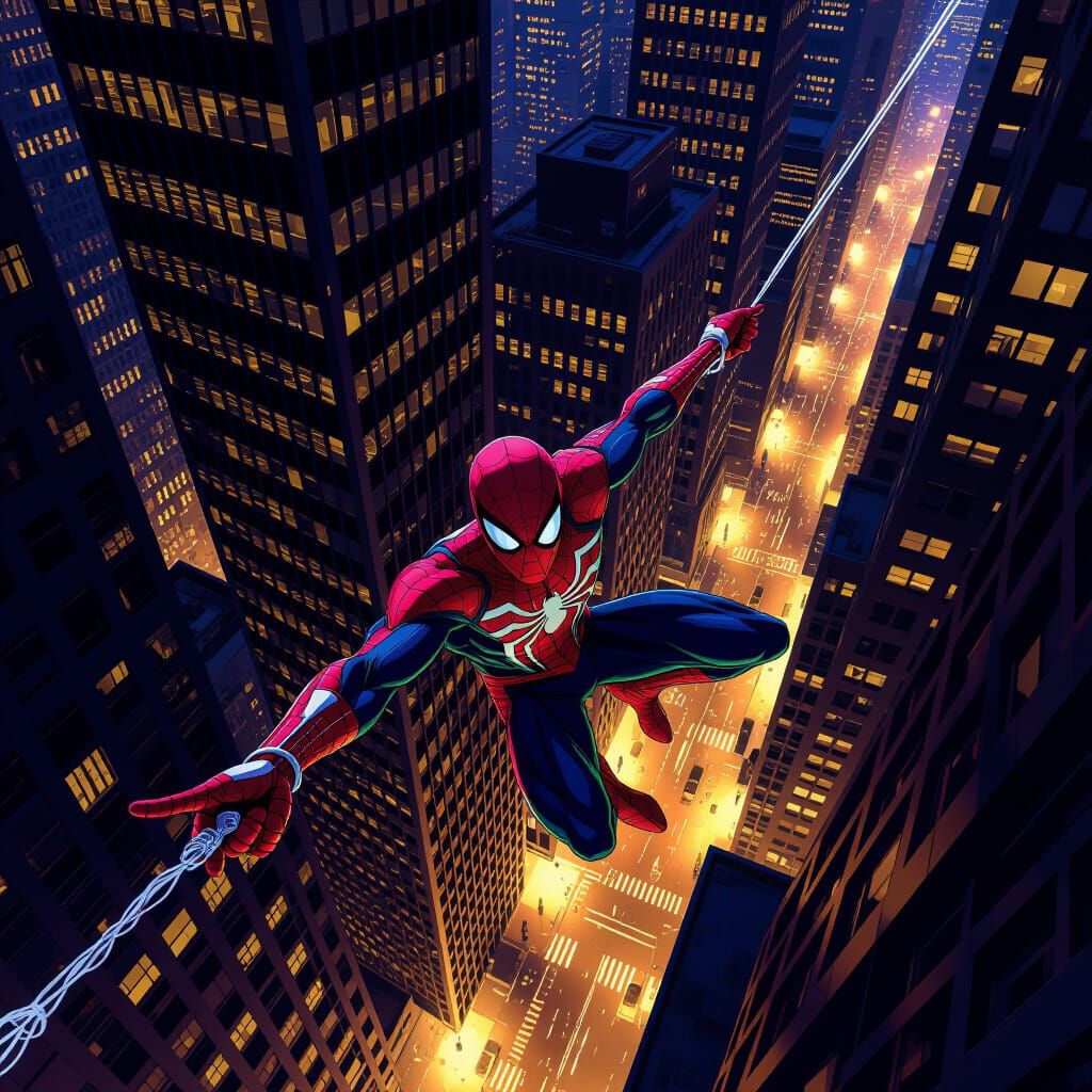 Spiderman Swings Through Cyberpunk Cityscape