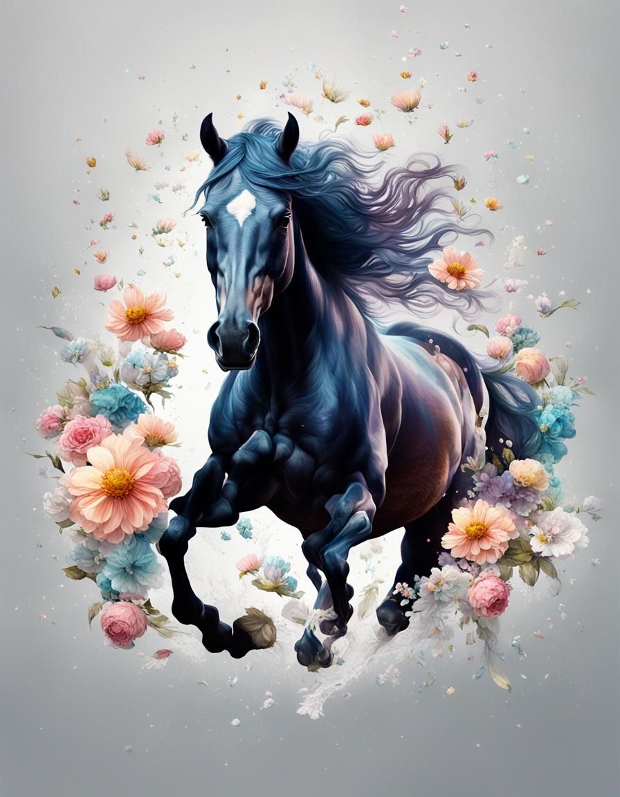Vintage Horse with Pastel Flowers, Digital Painting