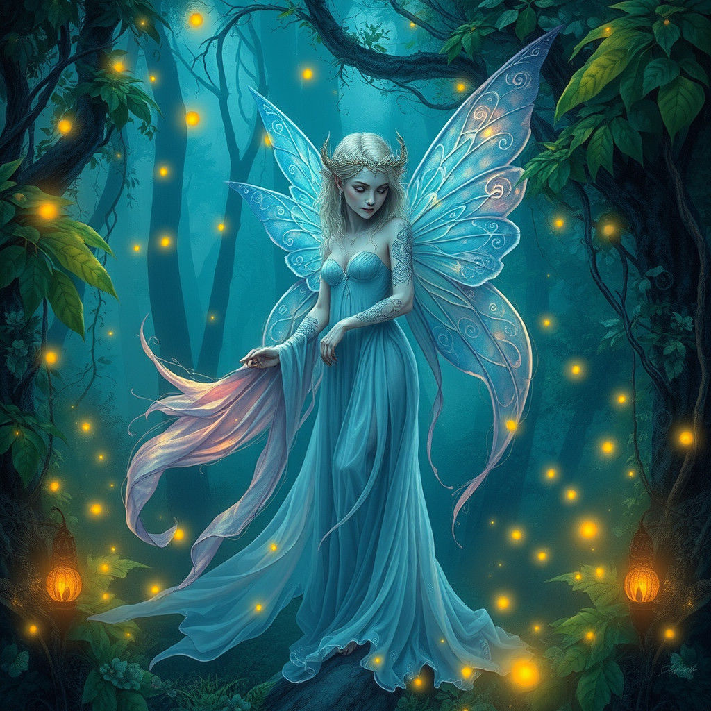 Mystical Fae in Lush Forest, Ethereal Illustration