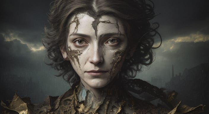 Surrealist Portrait in Torn Newspaper, Amidst Stormy Renaiss...