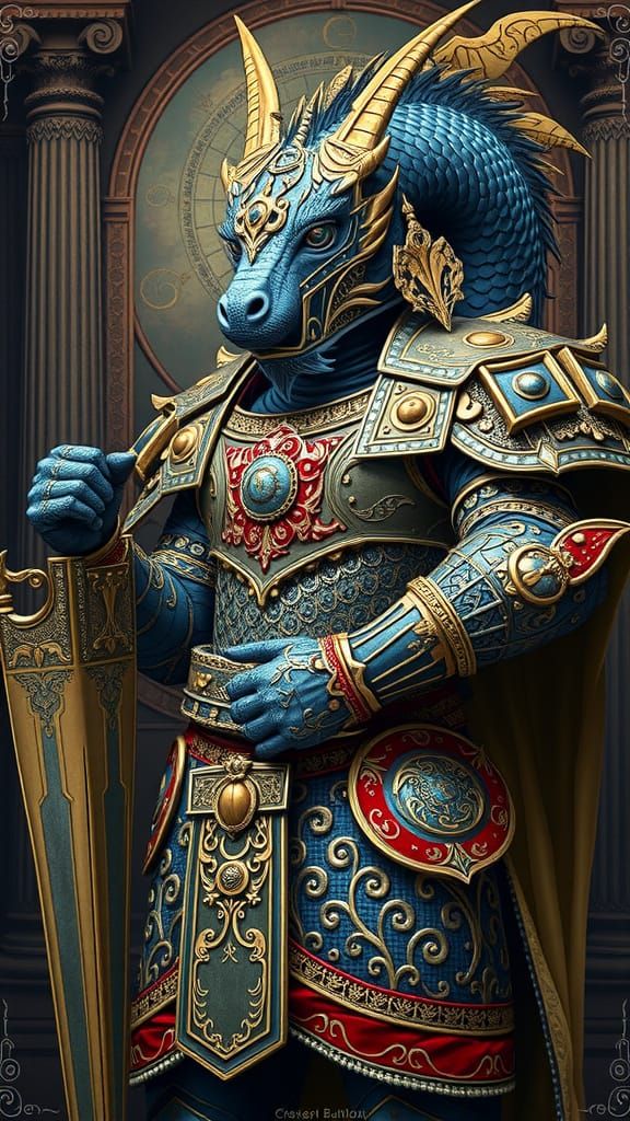 Blue Dragon Warrior in Baroque Qajar Style