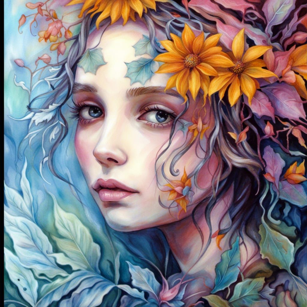 Floral Fairy Girl in Abstract Ink Painting Style