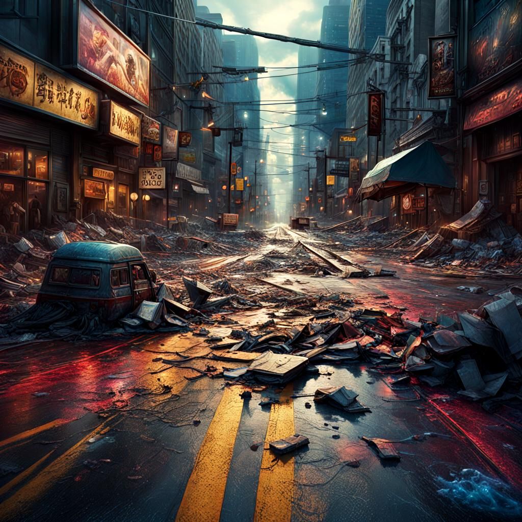 Hyperrealistic Crossroads of Chaos: Dramatic Concept Art