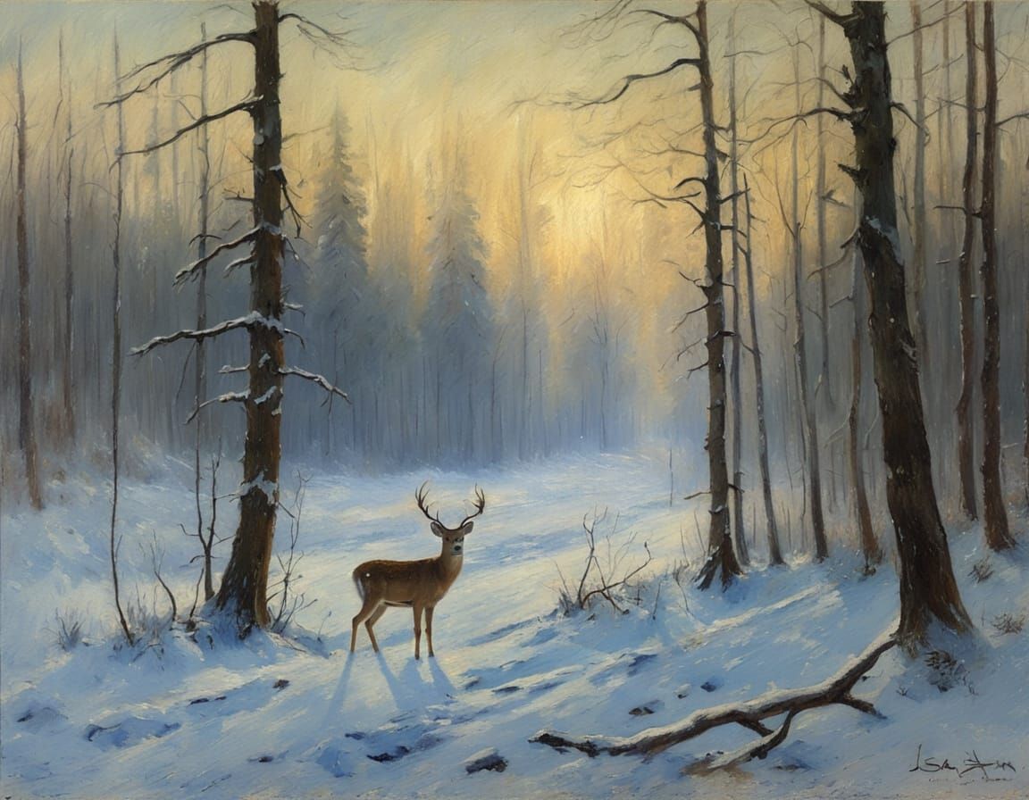Winter Forest Landscape with Deer in Pictorial Style