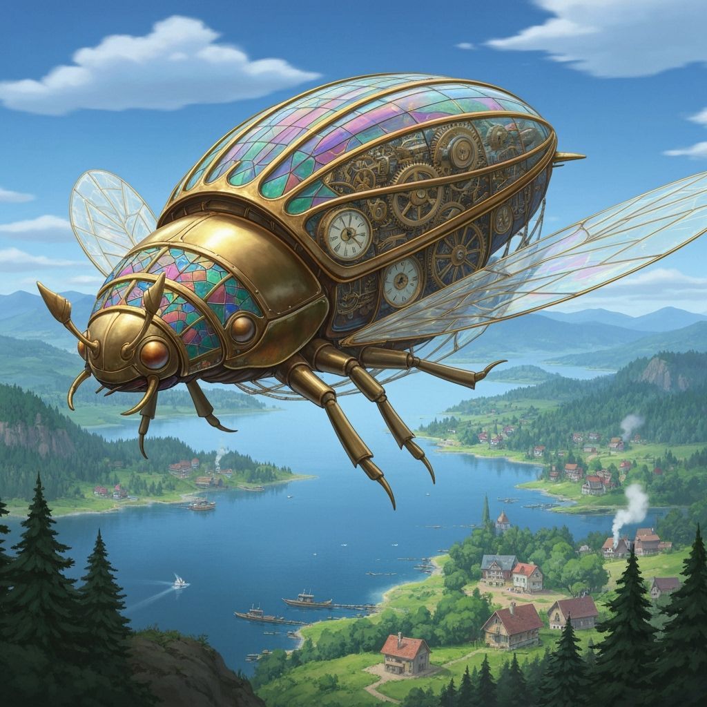 Scarab Beetle Dirigible Over Serene Lake: Digital Painting