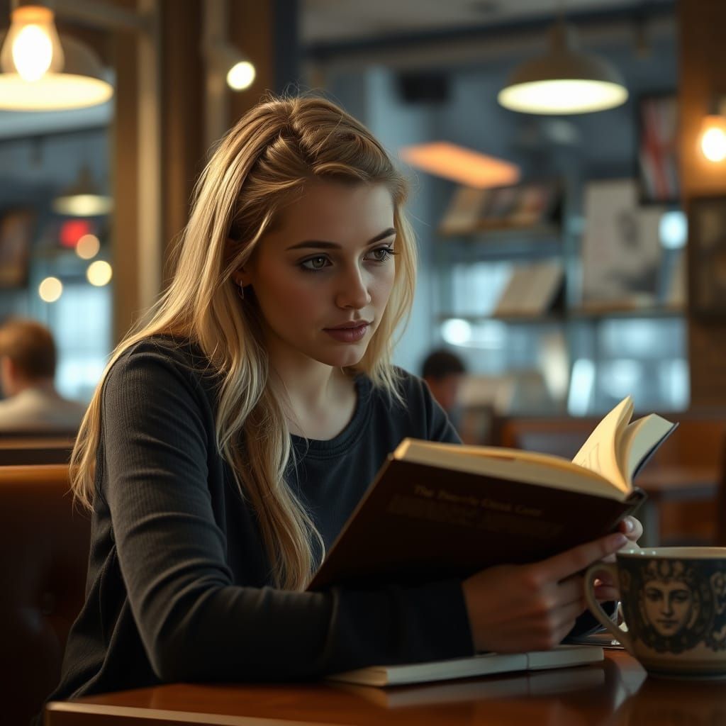 Young Woman Reads Book in a Coffee Shop