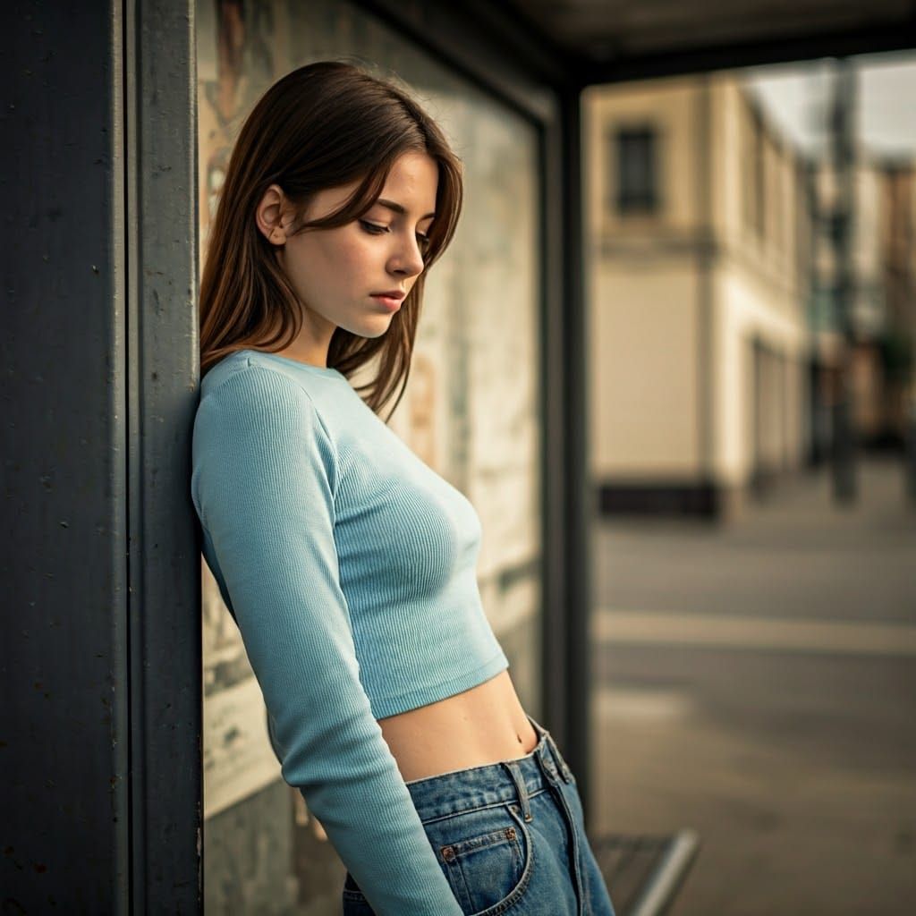Woman at Bus Stop in Dreamy Cinematic Style