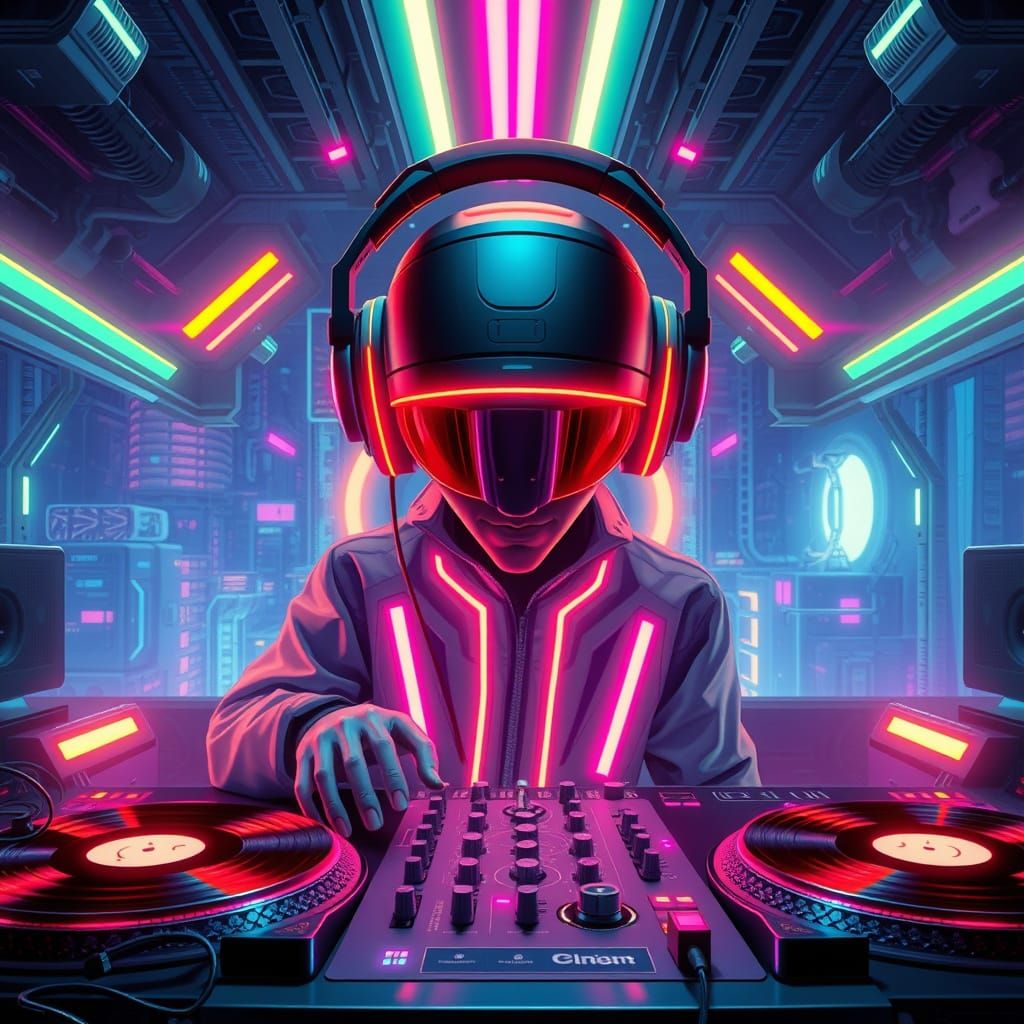 Cyberpunk DJ Booth with Vibrant Lights and Retro-Futuristic ...