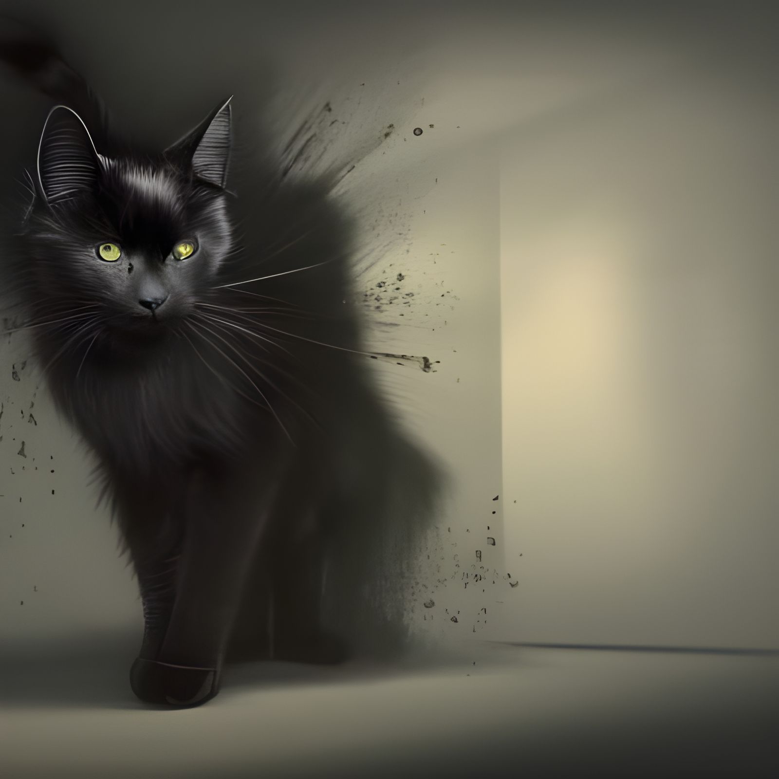Fluffy Black Cat Mischief: Detailed Digital Art