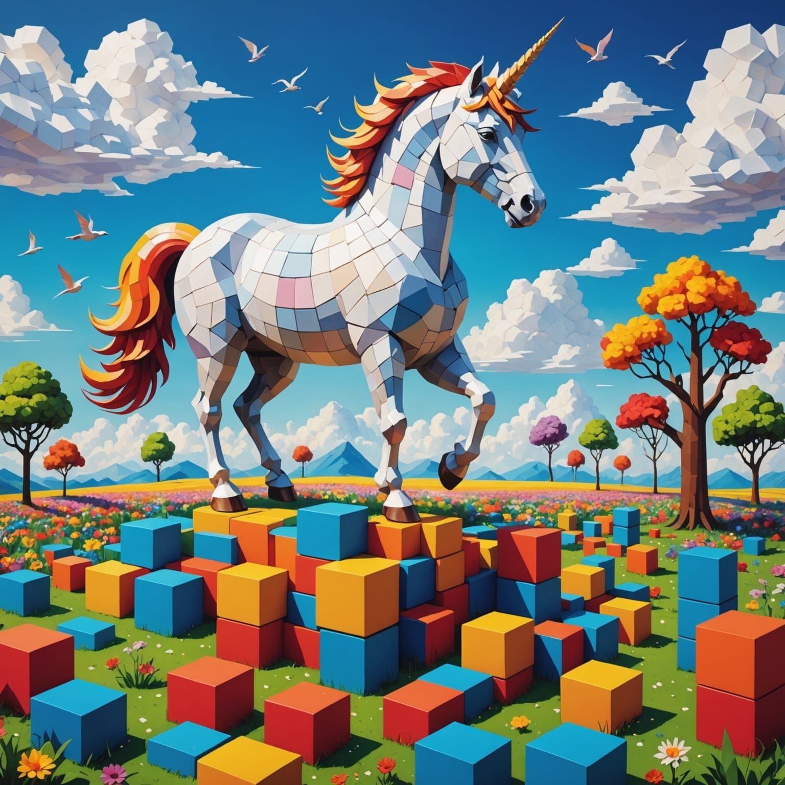 Surreal Block Universe with Unicorn Galloping on Square-Shap...