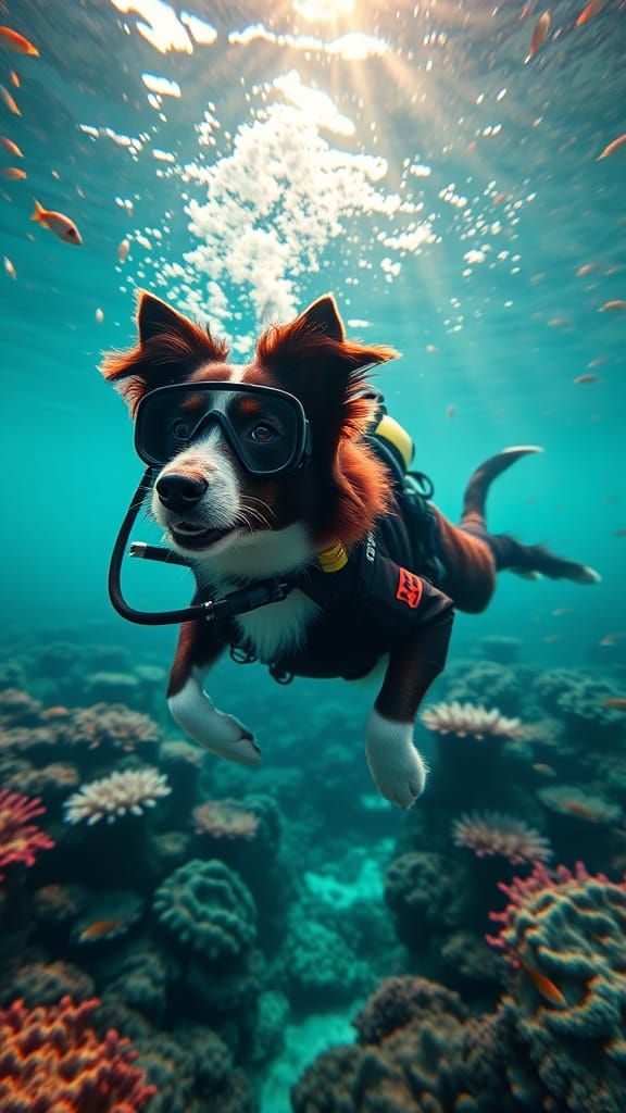 Border Collie in Vibrant Coral Reef Scene
