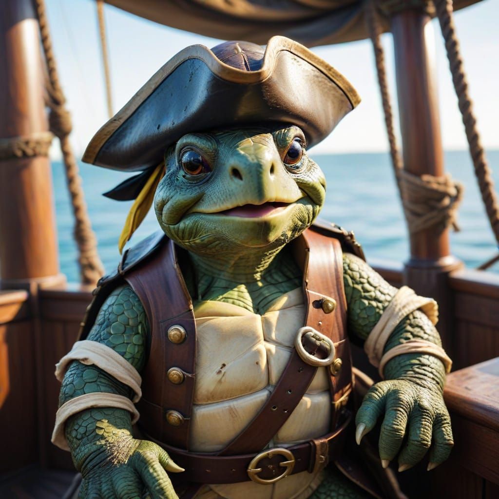 Turtle Pirate Captain on Ship in Natural Light