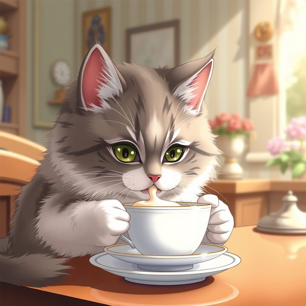 Adorable Grey Cat Drinks Cream in Elegant Japanese-Style Kit...