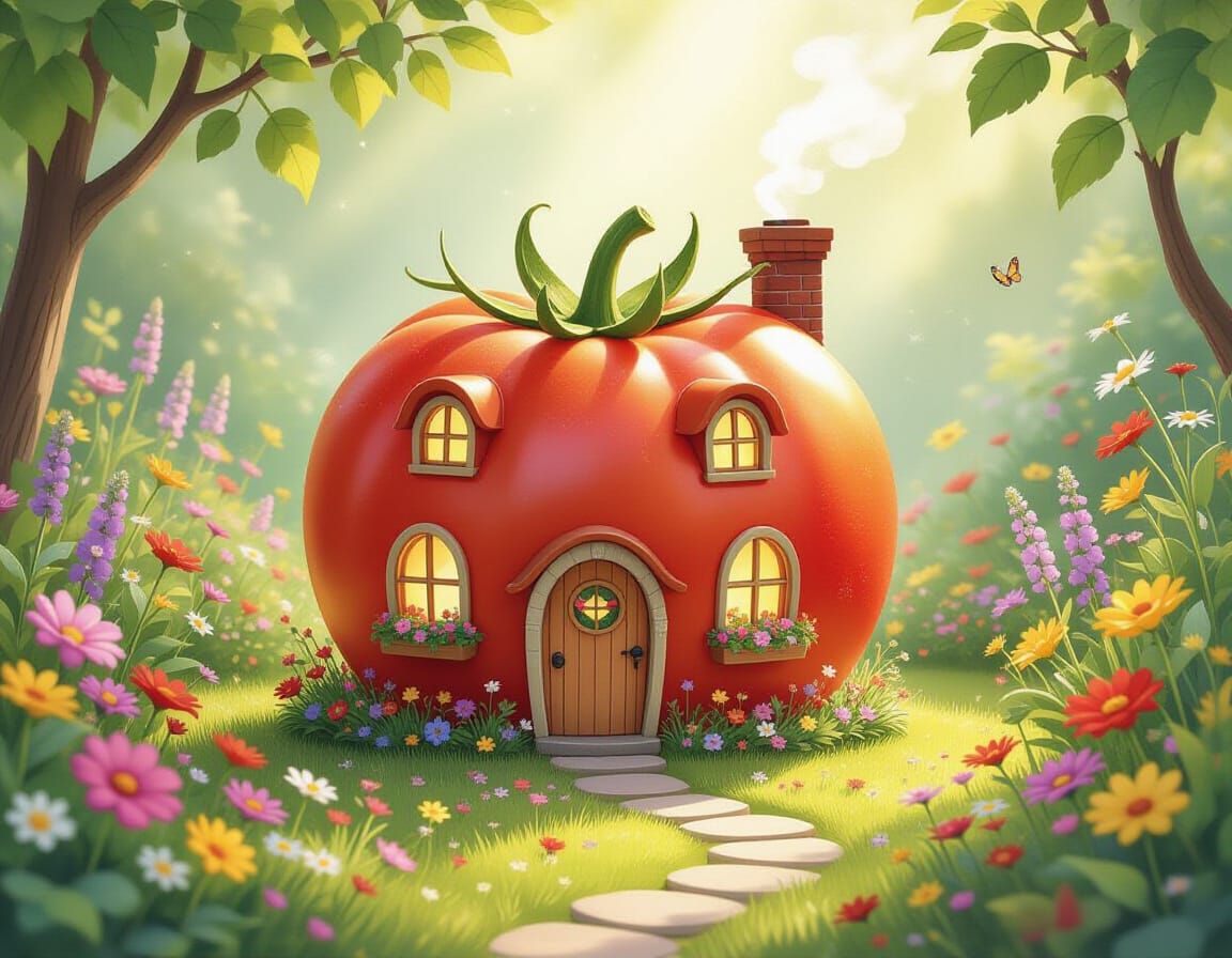 Tomato House in Fairy Garden, Watercolor Illustration