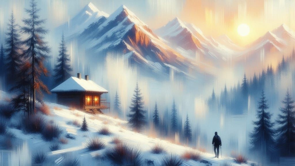 Misty Watercolor Landscape with Hiker and Cabin