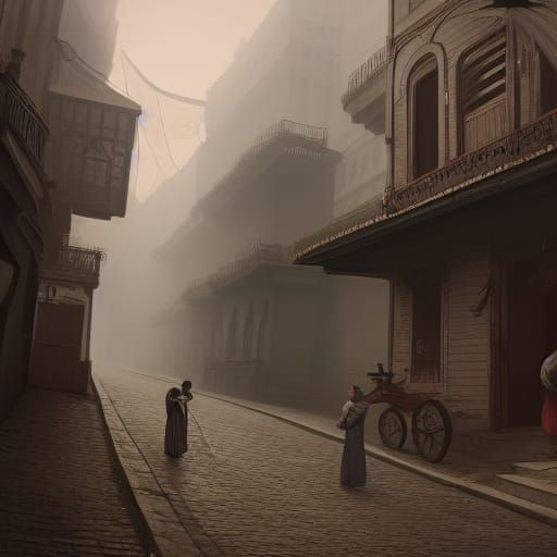 Misty Lagos Street Scene in 1880s Style