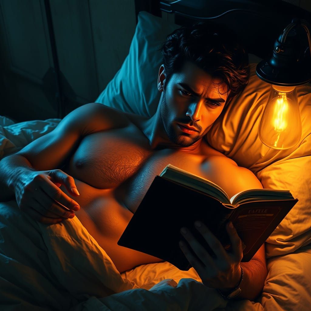Moody, Shirtless Male Reads Intensely in Bed by Golden Lamp